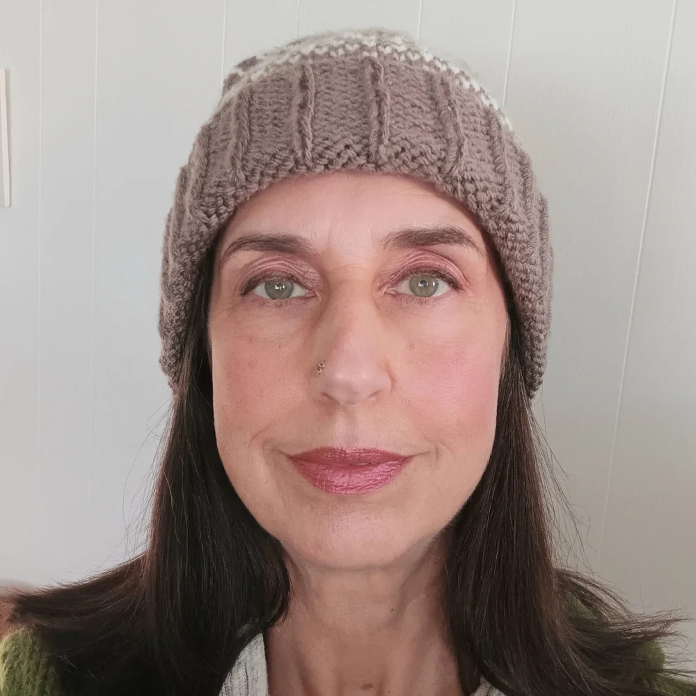 Hand Crafted Handknit Taupe Brown & Ivory Scandinavian Motif Beanie Hat OSFM